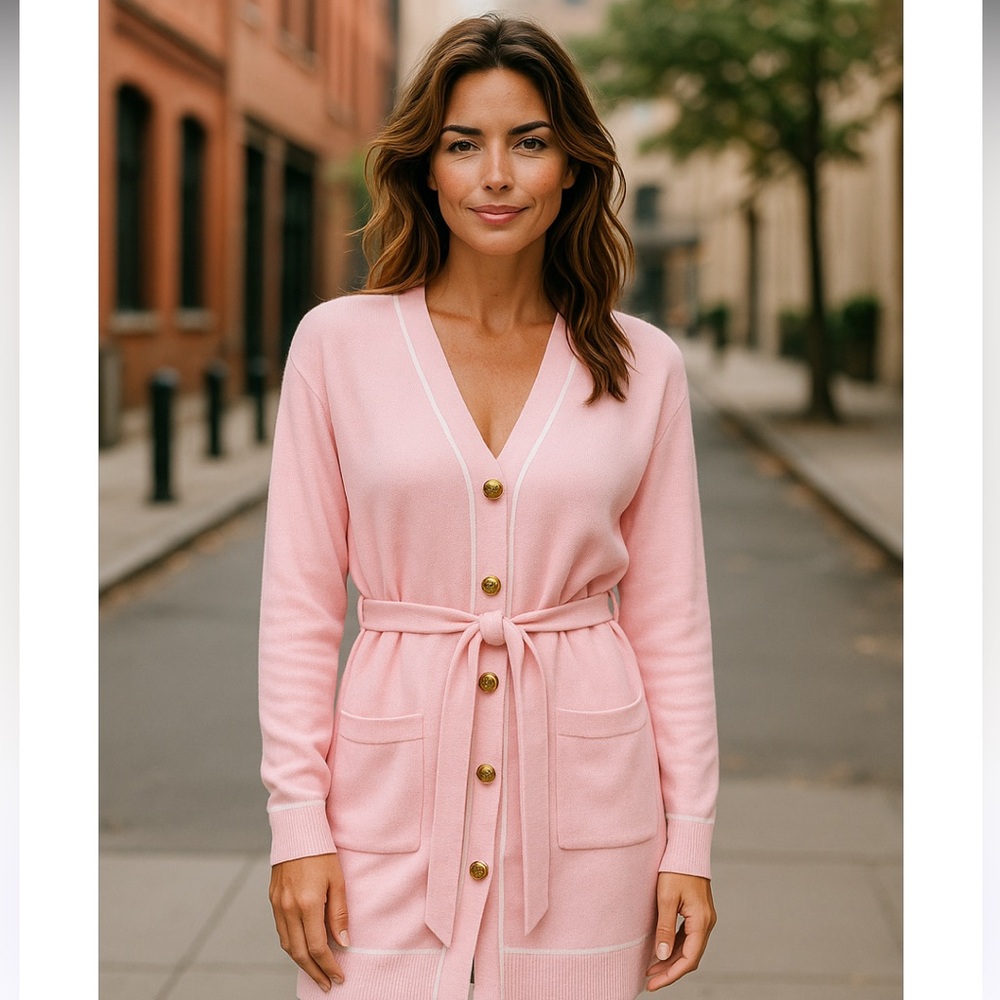 Pink Cardigan Dress with White Trim